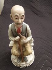 Figurine, OLD MAN WITH WALKING STICK AND PIPE, pre-owned, unmarked unglazed
