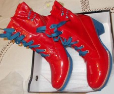 Red PVC boots with blue soles, size 5,5 -6