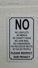 NO LEAFLETS MENUS BAGS JUNK MAIL CANVASSERS SECTS SALES sign or sticker 150x90mm