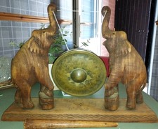 Antique Wood two Elephant Gong, Lucky   Dinner, meeting man shed reception.
