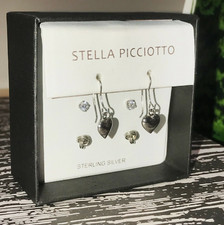 NEW 3 Pairs STELLA PICCIOTTO Sterling Silver Stud and Dangle Earrings Heart Knot