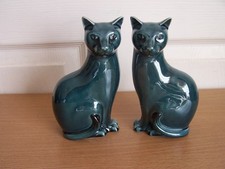 Vintage Pair of Poole Pottery Teal / Blue Cat Figurines Left & Right 1970's 6.5"