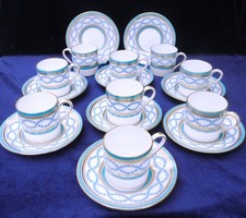 Minton Antoinette Raised Pattern Blue Turquoise & Gold Coffee set for 9