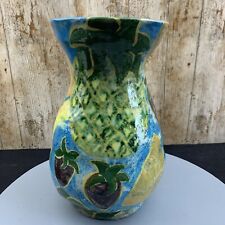 Vintage Heavy  11” Art Pottery Sculpted Brick Clay Glazed Summer Fruits Vase