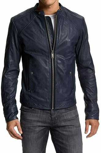 Jacket leather biker blue - leather,