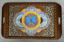 Vintage Antique Iridescent Blue Real Butterfly Wing Mosaic Design Wooden Tray