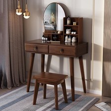 Vanity Makeup Dressing Table Desk Stool Set Modern Wood 2 Drawers Light Mirror