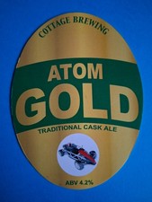 COTTAGE brewery beer pump clip ATOM GOLD real ale badge front CLOSED ariel car
