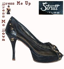 Strutt Couture Fetishist Black Leather Mesh Stiletto Shoes Peep Toe Size 6.5