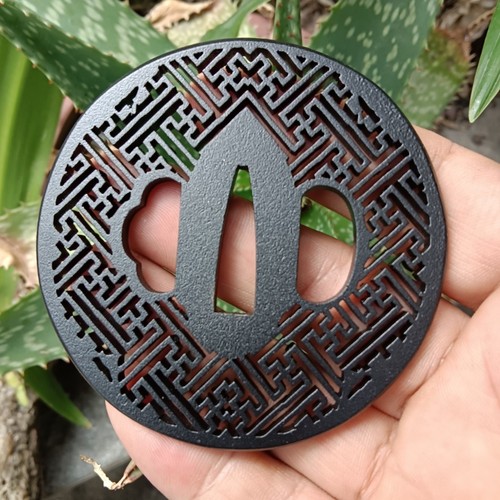 Steel iron carved tsuba guard - steel,