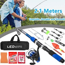 Telescopic Fiberglass Fishing Set Rod and Spinning Reel Baits Hooks Kit 2.1m
