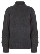 Ladies Grey Turtleneck Knit Jumper Womens Soft Feel Pearl Sleeve Size 8 10 12 14