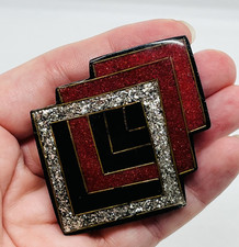 Pierre Bex Style Art Deco Enamel Resin Brooch Geometric Large Red and Black