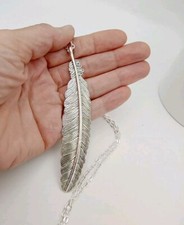 Large Feather Necklace Metal Pendant vtg silver tone 30" Long chain Love Unisex