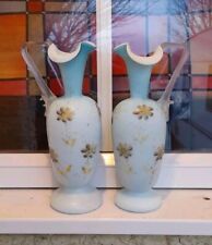 Pair Victorian Webb Satin Blue Cased Glass Ewers/Vases, Perfect Condition
