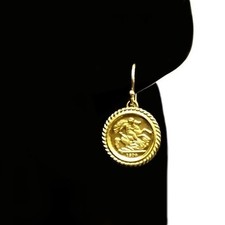 9ct Gold earrings 1906 St George King Edward 1/4 Sovereign coin image. Not coins