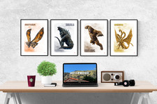 Godzilla Kong Watercolour Set Of 4 Prints Pictures Wall Art Poster