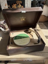 Original His Masters Voice Portable Record Player In Brown Faux Leather Case