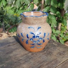 Vintage German Salt Glazed Stoneware Vase Blue Slip Trailed Floral Design