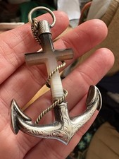 Rare Beautiful Victorian Banded Agate Cross Anchor Brooch. Handmade Silver Large