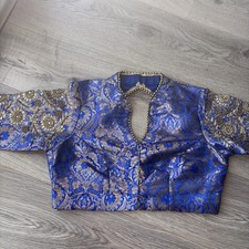 Blue Silk Brocade Saree Blouse Beautiful Lehenga Crop Top Choli size 12