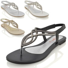 Womens Flat Diamante Sandals Ladies Slingback Holiday Summer Toe Post Shoes Size