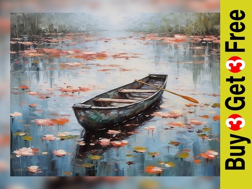 Serene lake boat - scene, oil