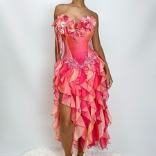 Vintage Pink Coral Floral Corset Beaded Sequin Gown Princess Ruffle Fairy Dress