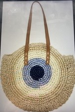 Women’s Straw & Leather Shoulder Bag Tote With Zipper beach bag work travel 