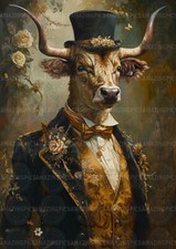 Victorian Highland Bull Gentleman Art Print Cow Animal Portrait in Top Hat K72