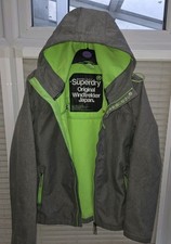 Mens 2XL XXL Superdry Grey & Flouro Lime Hooded Windtrekker. Good Clean Cond.