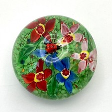 Hand Blown Art Glass 3D Ladybird Green Floral Paperweight
