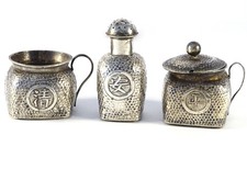 ANTIQUE 3 PIECE CHINESE EXPORT SILVER CRUET SAUCE PEPPER SET - SIGNED - 75g