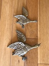 2xVintage Brass Wall Hanging Flying Ducks Geese Graduated Size. 50s Retro Kitsch