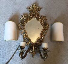 Antique Vintage Gold Gilt Brass Bevelled Mirror Double Sconce Wall Hanging Light