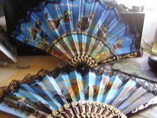 3 SOUVENIR SPANISH STYLE HAND FANS ~ Pretty  FABRIC & LACE ~ Spain & Greece