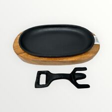 Oval Cast Iron Sizzler Plate w Wooden Tray Steak Grill Platter Dish by Chefline