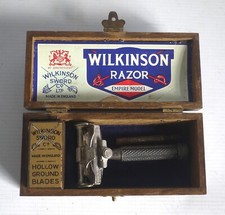 WILKINSON SWORD EMPIRE SAFETY RAZOR, ACCESSORIES & WOODEN TRAVEL BOX 1930's
