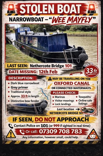 Stolen narrowboat poster - narrowboat,