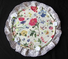 HANDMADE ROMANTIC DECORATIVE GLASS PLATE ACRYL MULTI COLORS LACE+FABRIC FLOWERS