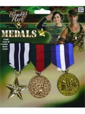 Set of 3 Military Medals Army Soldier War Hero Fancy Dress Costume Accessory