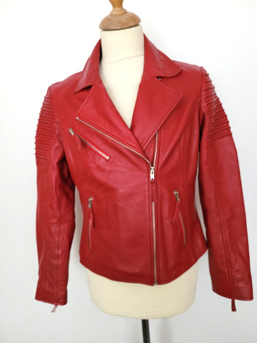 Ladies red real leather biker - ladies,