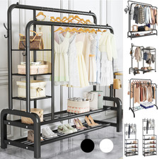 Heavy Duty Double Clothes Rail 120KG Load Cloth Rack With Shelves & Shoe Stand