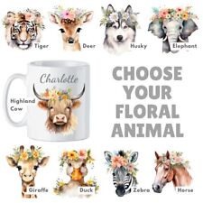 Printed Floral Animal Mug, 9 animals, tea coffee Personalise with name or word