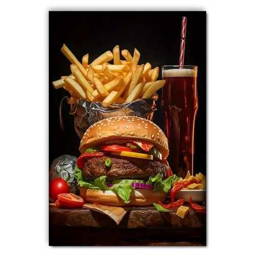 Hamburger and chips - chips, wall