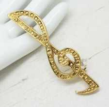 Vintage 1980s Music Note Treble Clef Gold tone BROOCH Pin Jewellery Musician