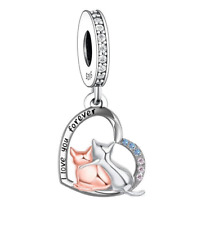 Sterling Silver 925 I Love You Forver Heart Cat Kitten Couple Mum Daughter Charm