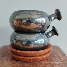 2 Mid Century Knights Tintagel Cornish Pottery Black Metallic Glaze Soup Bowls