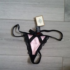 BNWT Vintage La Senza Pink Satin & Black Lace Bloomer G String Thong Size 8