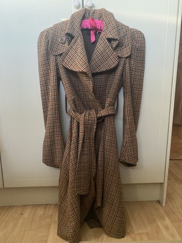 Brown beige check tweed - check, belted